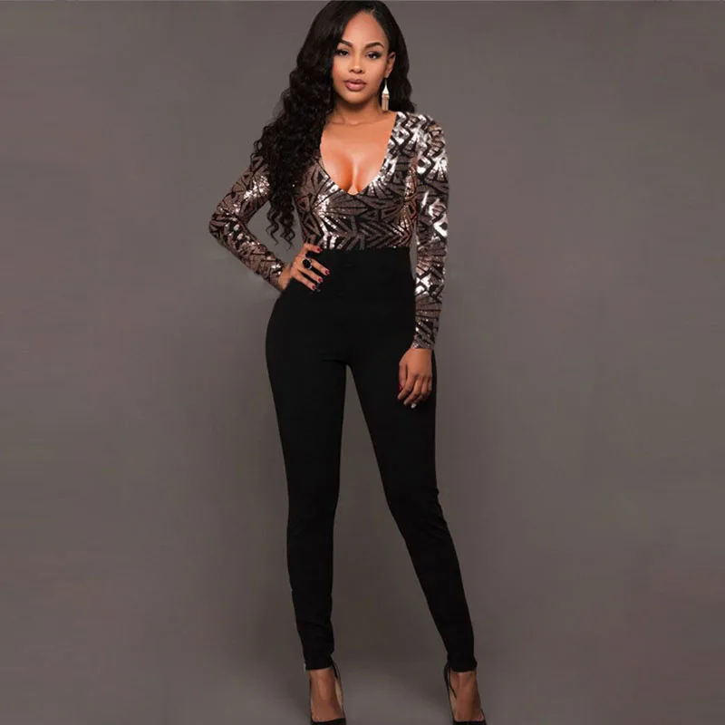 Ismtide Long Jumpsuits Women Rompers 2017 Deep V Neck Jumpsuit Long Sleeve Jumpsuits Golden Sequined Romper Sexy Jumpsuit