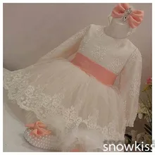 Новые белые/цвета слоновой кости с длинным рукавом и круглым вырезом кружевные аппликации для выреза Платья с цветочным узором для девочек милые бальные платья для первого причастия с поясом-бабочкой