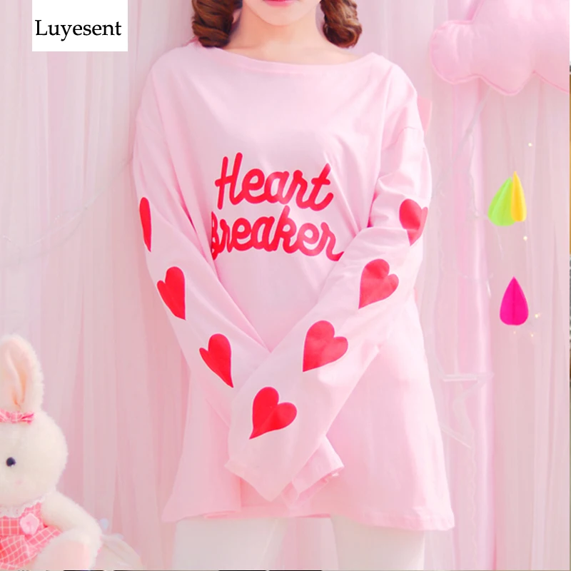 

Women Solid Pink Print LOVE Heart Full Sleeve Round Neck Femme T Shirt 2019 New Arrived Sweet Mujer Top Cheap Product Harajuku