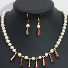 Bohemia naturales 7-8mm blanca cultivada de agua dulce perla pendientes collar sistema plateado oro granos cristalinos de la lágrima joyería B1427