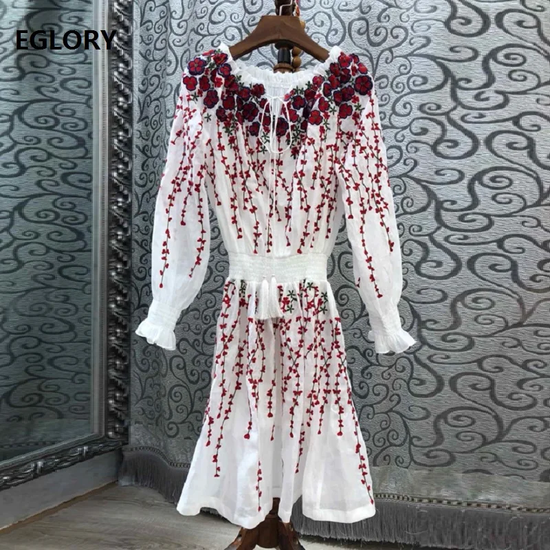 

100%Cotton Dress 2019 Summer Fashion Women Allover Exquisite Embroidery Elastic Waist Slim Fit A-Line Party Events Dress Festa