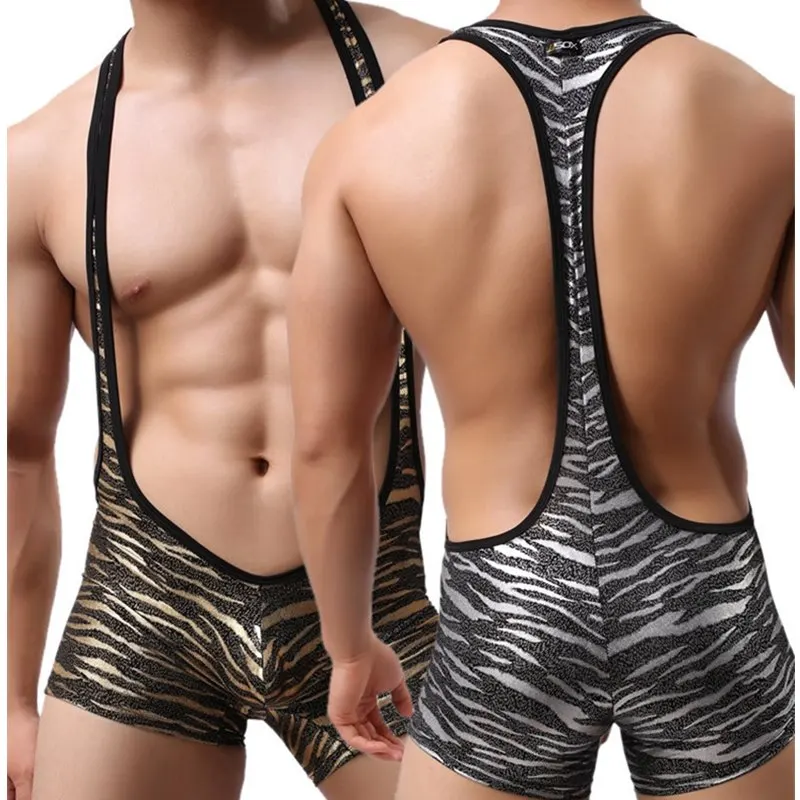 

Brand Sexy Men's Suspender Jockstrap Wrestling Singlet Bodysuits Underwear,Gold Silver Leopard Teddies