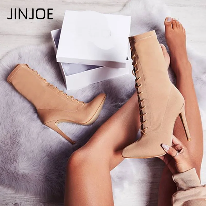 

JINJOE New Boots Women Autumn Fashion Ankle Boots Pointed Toe Stiletto Heel Shoes Stretch Lace-up High Heel Botas mujer nubuck