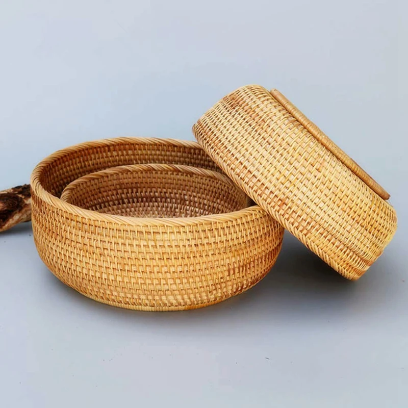 Hadewoven Round Rattan Fruit Basket Wicker Food Tray Weaving Storage Holder Dinning Room Bowl (3-Size Kit)