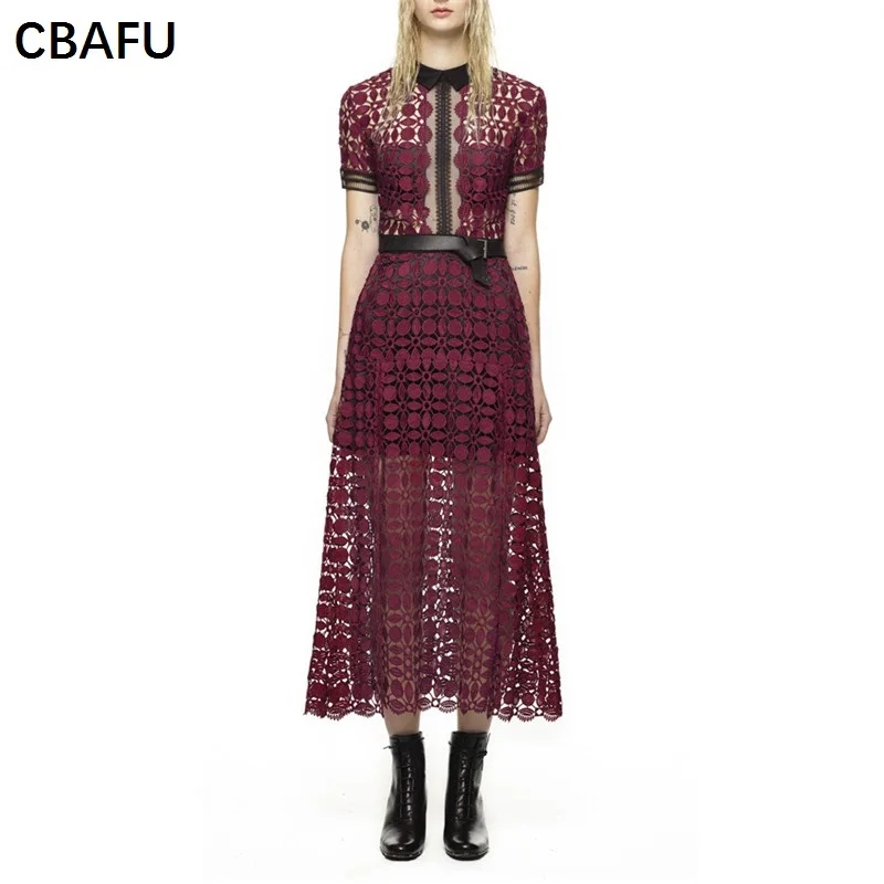 

CBAFU autumn new arrival hollow out long party dress short sleeve sexy brand runway lace dress 2017 self portrait dresses X052