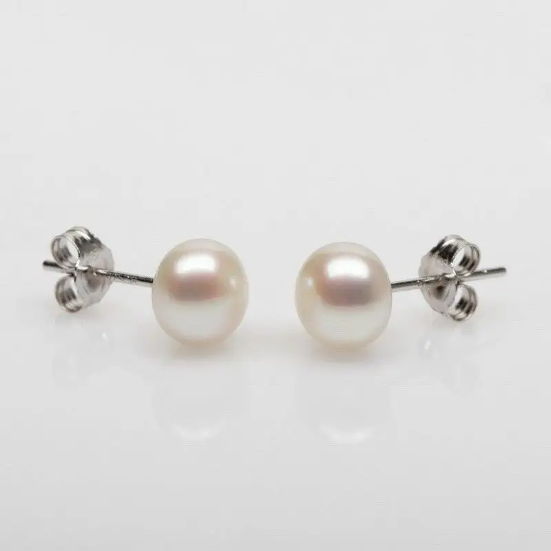 Free shipping@ Genuine 7-8mm White Freshwater Cultured Pearl Sterling Silver Stud Earrings -Bride jewelry free shipping