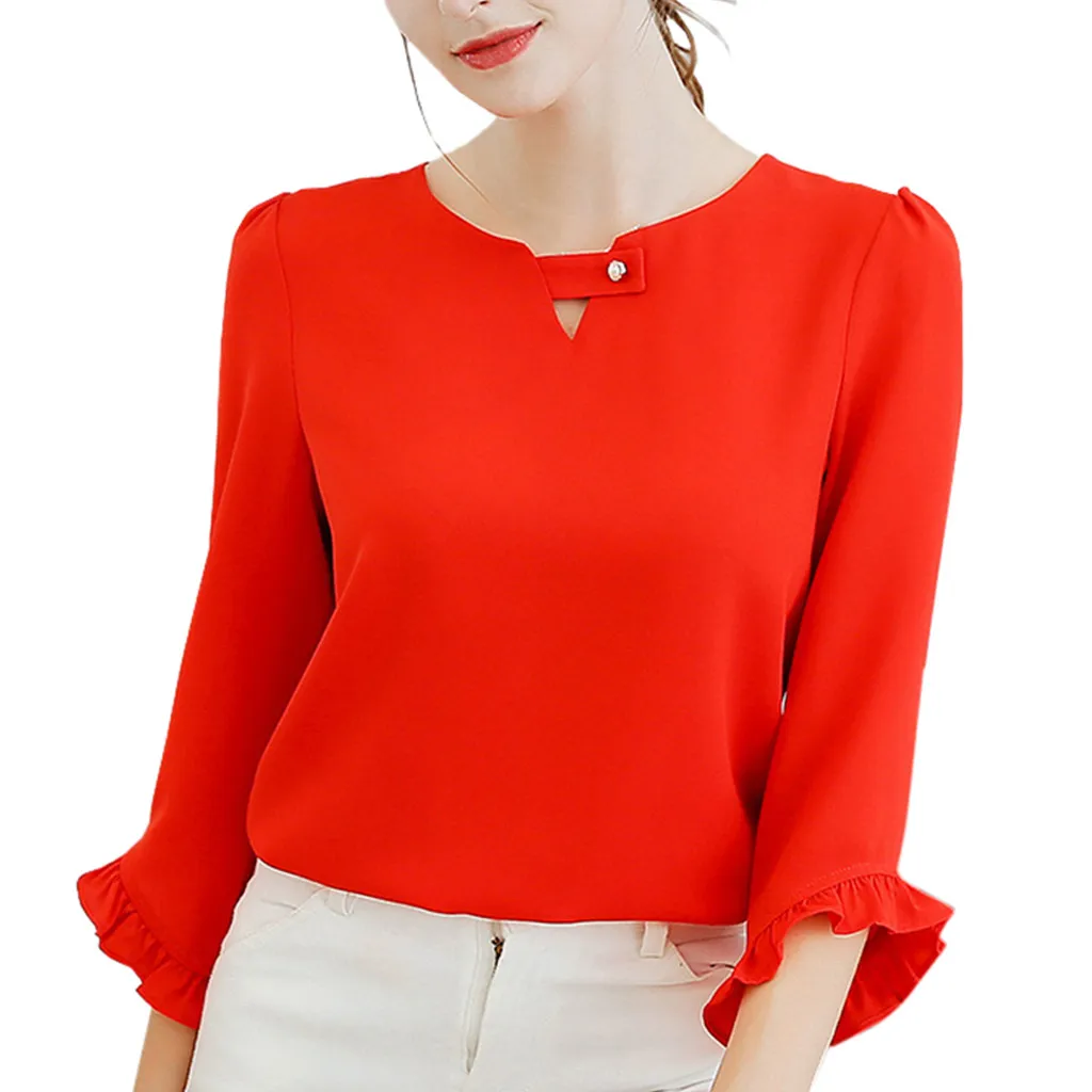 Women Chiffon Shirt2019 Women Summer Work Office V Neck Ruffles Sleeve Solid Chiffon Blouse Shirt Top