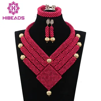 

Chunky African Pink Jewelry Set Handmade Beaded Bridal Beads New Bold Statement Bib Necklace Set Free Shipping WD600