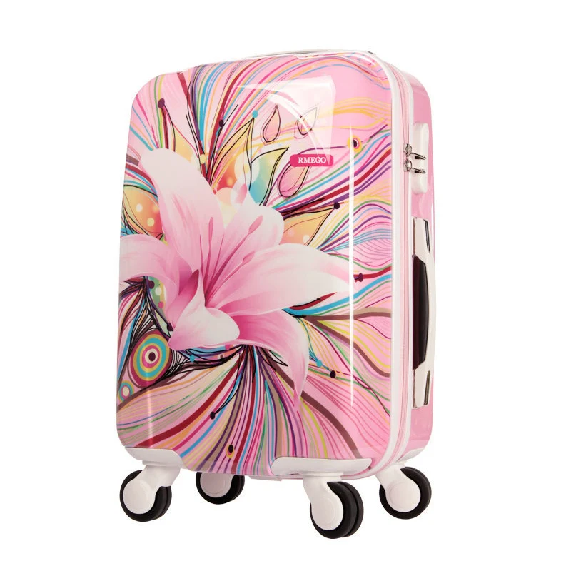 Для женщин печати чемодан с выдвижной ручкой обувь для девочек розовый цветок лилии узор дорожного чемодана ABS + PC Универсальный колёса