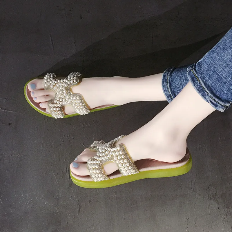 

New Women Pearl Beach Shoes Flat Woman Sandals Summer 2019 Lady Fashion Slippers Luxury Shoe