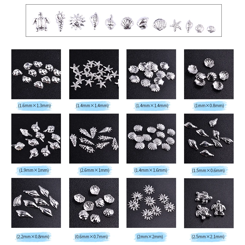 12 Girds Silver Metal Nail Studs Mixed Ocean Sea Shell/Conch/Starfish 3d Metallic Slice Flakes DIY Nail Art Decorations In Wheel