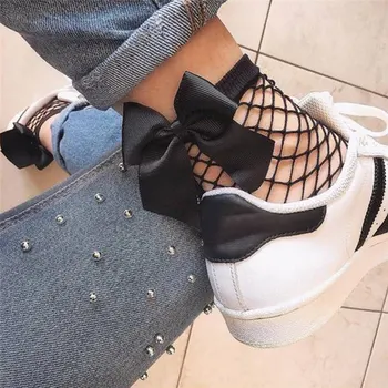 

Fashion Bow Tie Mesh Lace Fish Net Short Socks Women Ruffle Large Fishnet Ankle High Socks