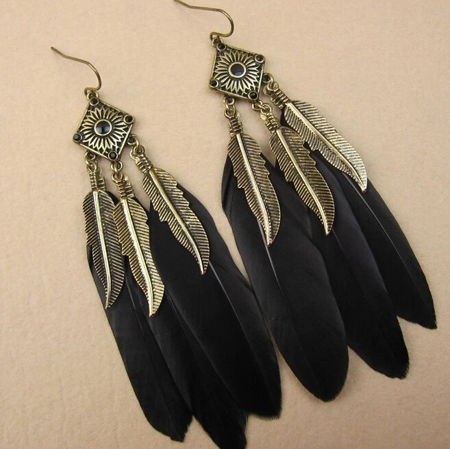 

2016 Free Shipping Fashion Black Vintage Gold Leaves blue Feather Earrings Drop Long Earrings Female Women Girl charm jewelry
