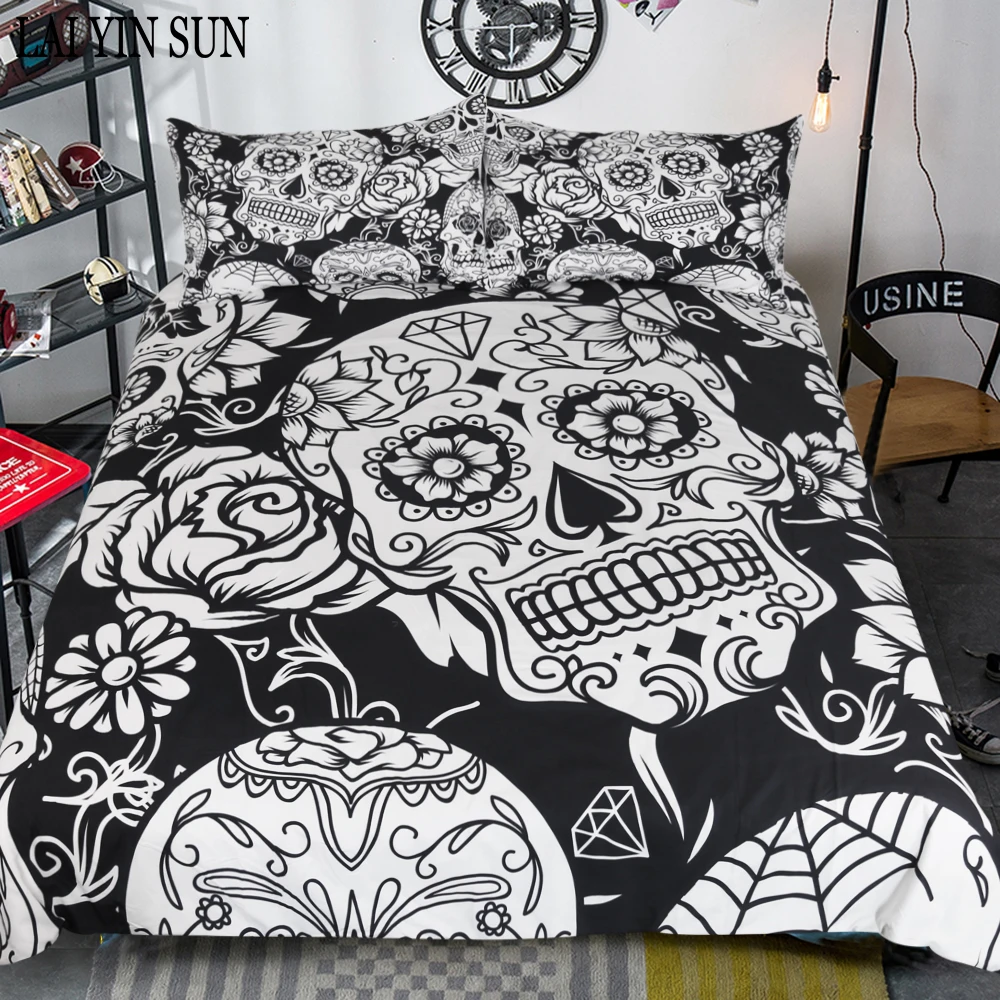 Lai Yin Sun Bedding Set  Bedding Set Boho Mandala Golden Indian Design   Duvet Cover Bed Set 3PCS Black skull
