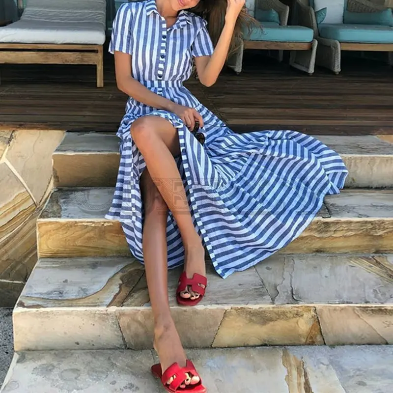 

CUERLY Summer Blue Striped Dress Holiday Big Plus Size Beach Boho Sexy Casual Button Short Sleeve Women Maxi Split Long Dresses