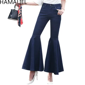 

HAMALIEL Women Jeans Flare Pants 2018 Summer Flounced Cuffs High Waist Jeans Pants Casual Package hip Blue Pocket Trousers Jean