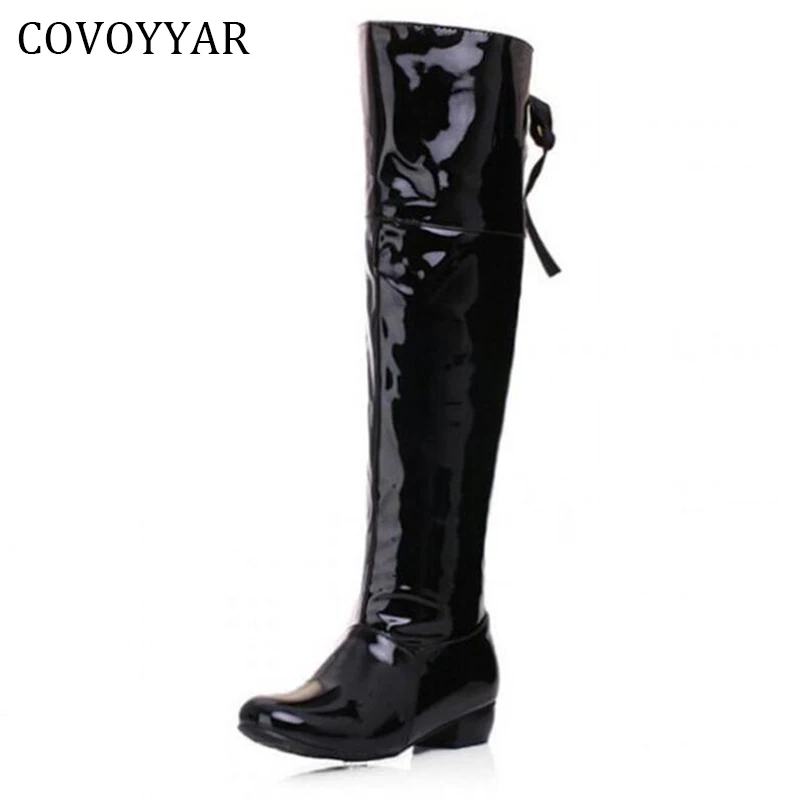 

COVOYYAR 2019 Hot Patent Leather Women's Knee High Boots Winter Fall Two Wear Low Thick Heel Women Shoes Sizes 34-43 WBS256