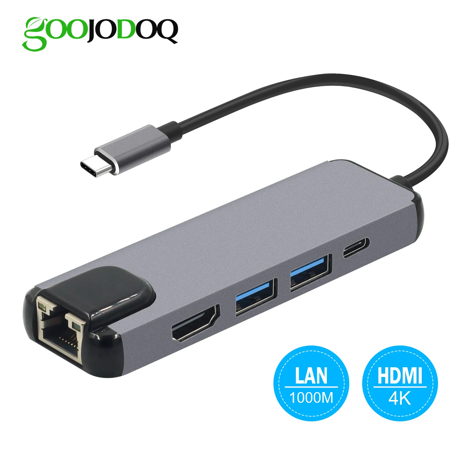 Goojodoq 5 в 1 USB c концентратор hdmi адаптер Gigabit Ethernet для MacBook Pro, тип C до RJ45 LAN адаптер с USB-C Зарядное устройство Порты и разъёмы