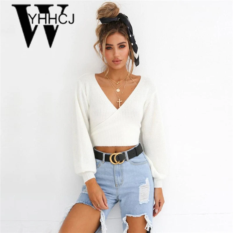 WYHHCJ 2018 casual knit short sweater women deep v-neck solid pullover pull femme unif long sleeve warm thicken women sweater
