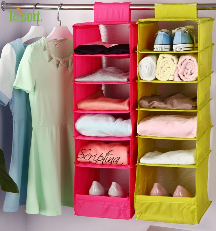 

Lesort Home Storage Organization Multi-layer 6-shelf Polyester fabric wardrobe clothing closet hanging mesh sorting organizer
