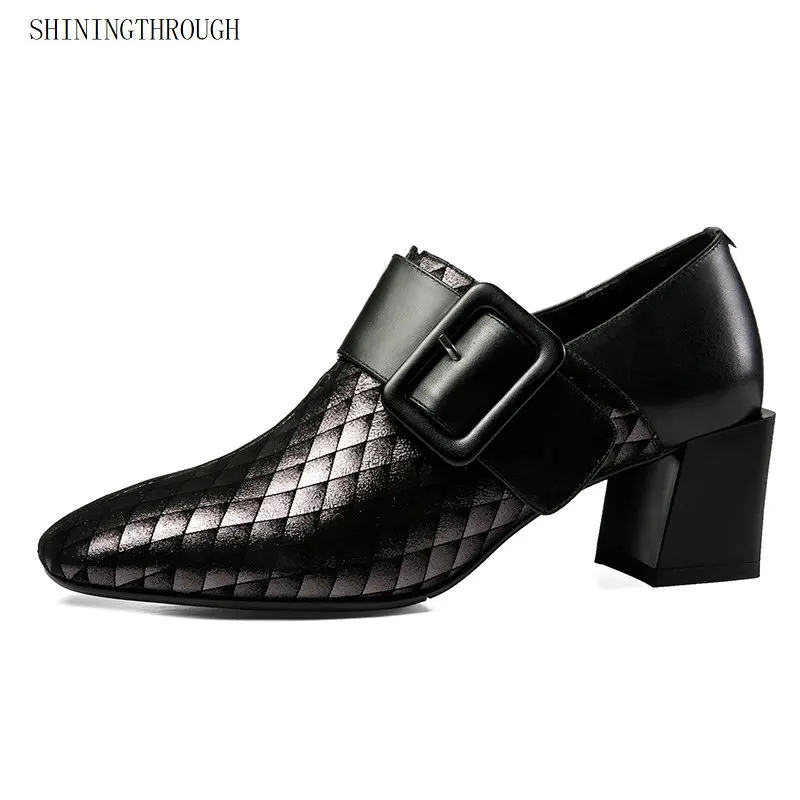 

2019 New spring autumn shoes woman square toe women's Pumps fashion office 5cm thick high heels zapatillas mujer large size 43