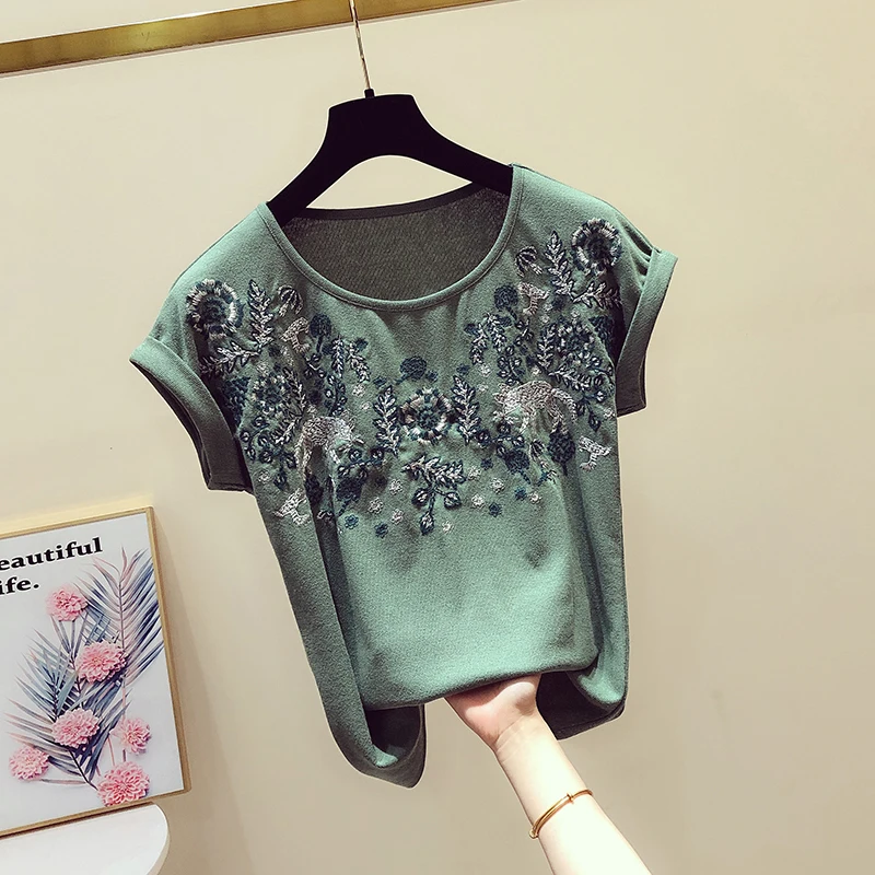 

2019 Summer Retro Embroidered Tshirt Women New Round Collar Curly Cuff Short-sleeved T-shirt Casual TShirts Lady Tops Femme Tees