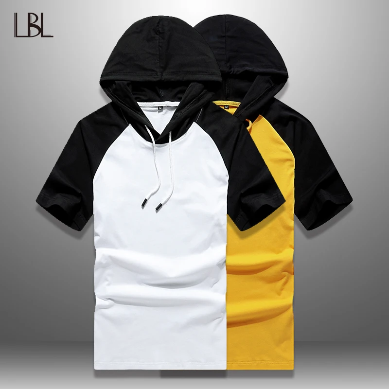 

LBL Hooded T shirts Men Summer Casual Patchwork Tshirt Man Hip Hop Mens Tee Sportswear Short Sleeve Hoodie New Fashion Top 2019