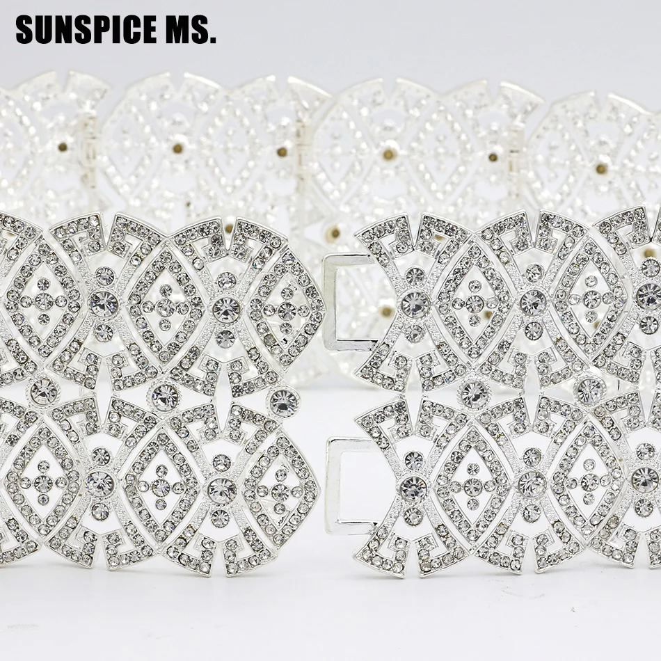 

SUNSPICE-MS Big Rhinestone Crystal Metal Wedding Belt For Women Silver Color Adjustable Length chic caftan Waistband 2019