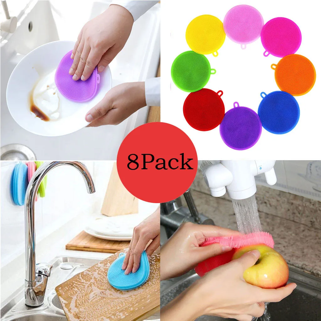 

8pcs Silicone Dish Washing Sponge Scrubber Kitchen Cleaning Antibacterial Tools Dishwashing deoil Brush Cleaning Accessories