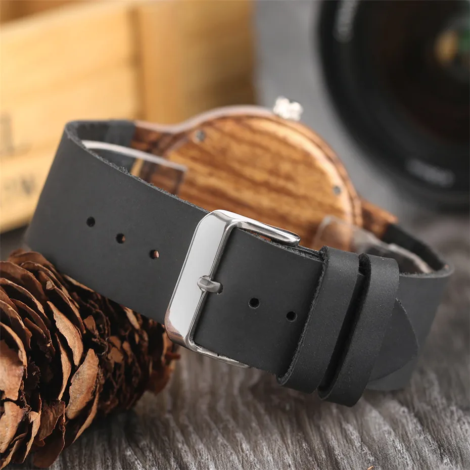 YISUYA Creative ZebraCork SlagBroken Leaves Face Nature Wood Watch Men Genuine Leather Strap Analog Women Bangle Wristwatch (33)