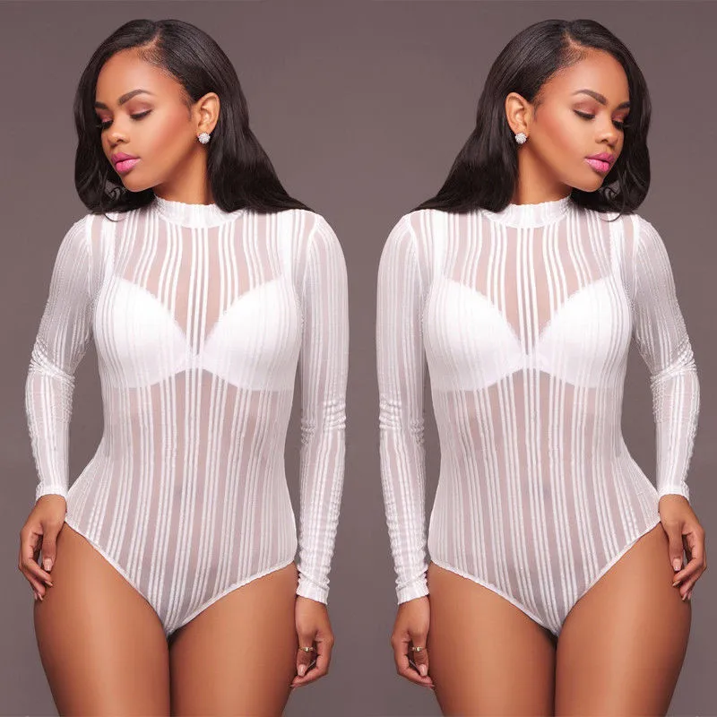 2017 Stretchy Turtleneck Long Sleeve Sexy Bodysuit New Spring Mesh Bodysuit for Women 