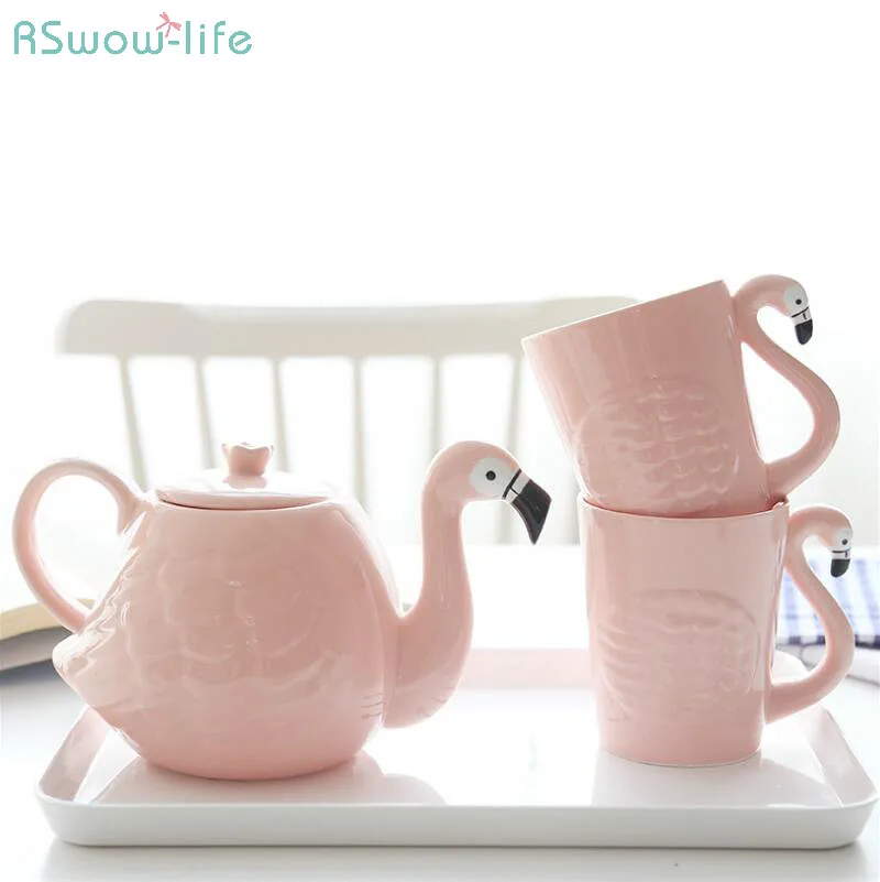 Kamer ondergronds Vaardigheid Roze Flamingo Theepot Set Creatieve Cartoon Twee Kopjes en een Pot  Keramische Waterkoker Creatieve Gaven|Theepotten| - AliExpress