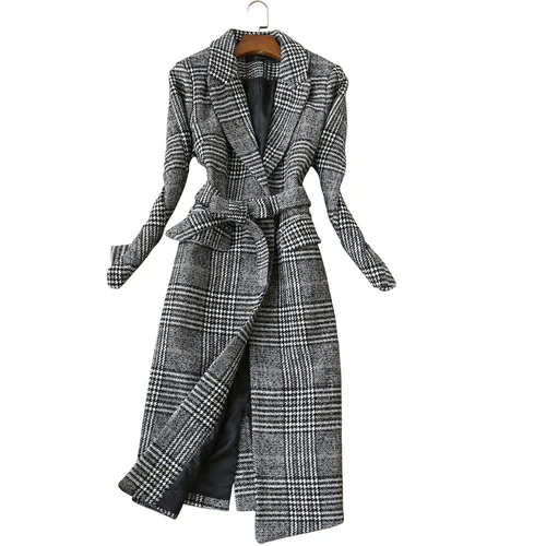 Зимняя женская куртка, длинное плотное пальто, шерстяная ветровка, темпераментное женское тонкое пальто, клетчатое элегантное шерстяное пальто - Цвет: 1
