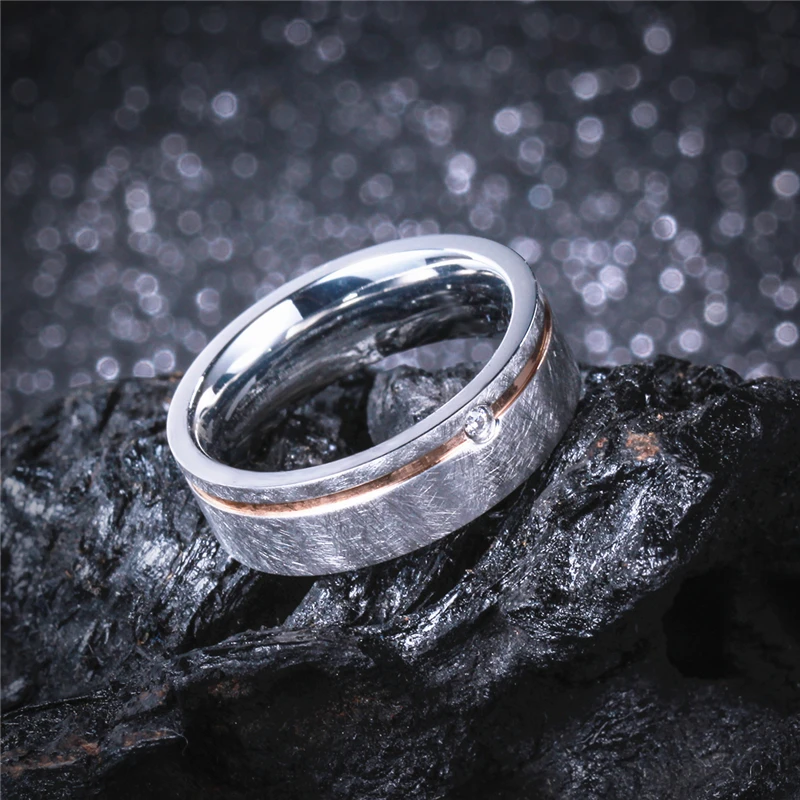 6mm Silver Elegant Wedding Rings for Women Men CZ Stone Alliance Anniversary Band Bijoux Mass Brushed Rose Gold Stripe Finish
