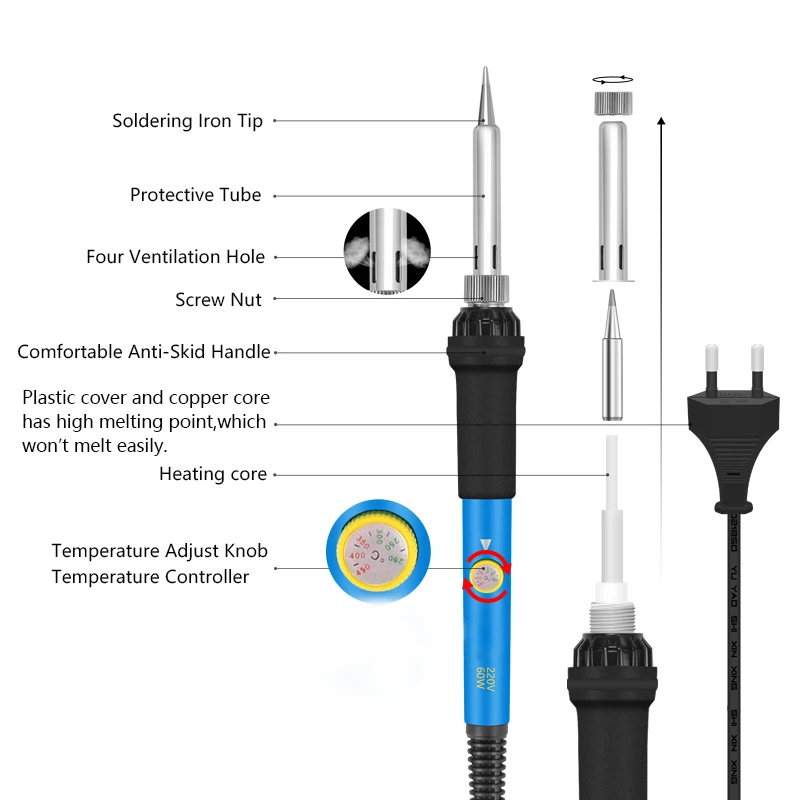60W Adjustable Temperature Electric Soldering Iron Kit 5pcs Tips Digital Multimeter Desoldering Pump Welding Stand Repair Tool