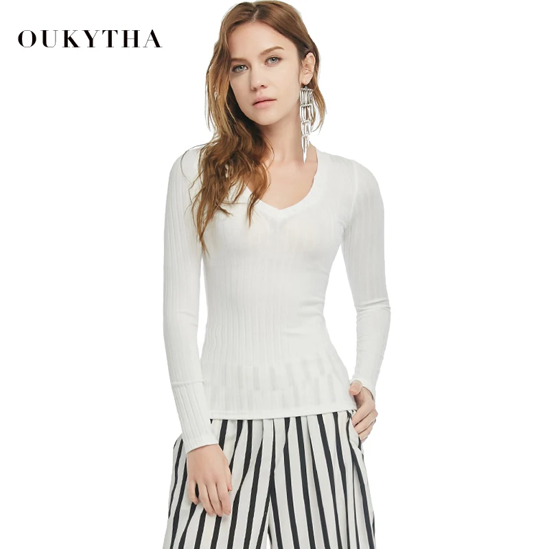 Oukytha осень 2017 г. одежда с длинным рукавом Slim Fit Bodycon v образным вырезом топ Пуговицы