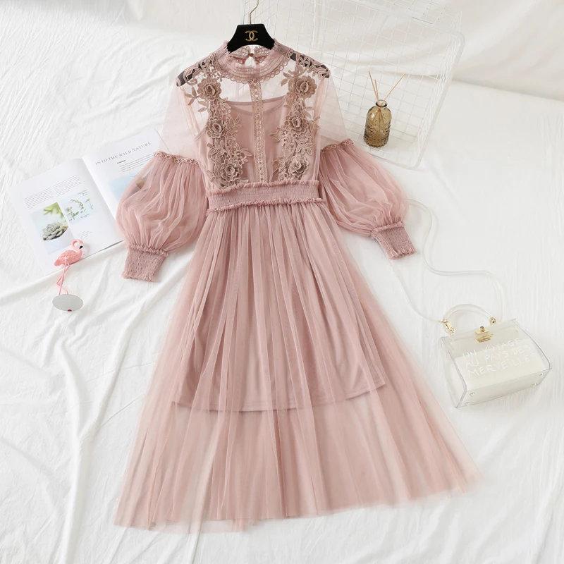 AYUNSUE/комплект из двух предметов, женское летнее кружевное платье, комплект, Boho, корейские длинные платья, сетчатые пляжные милые комплекты, Vestidos De Verano KJ1737 - Цвет: Pink