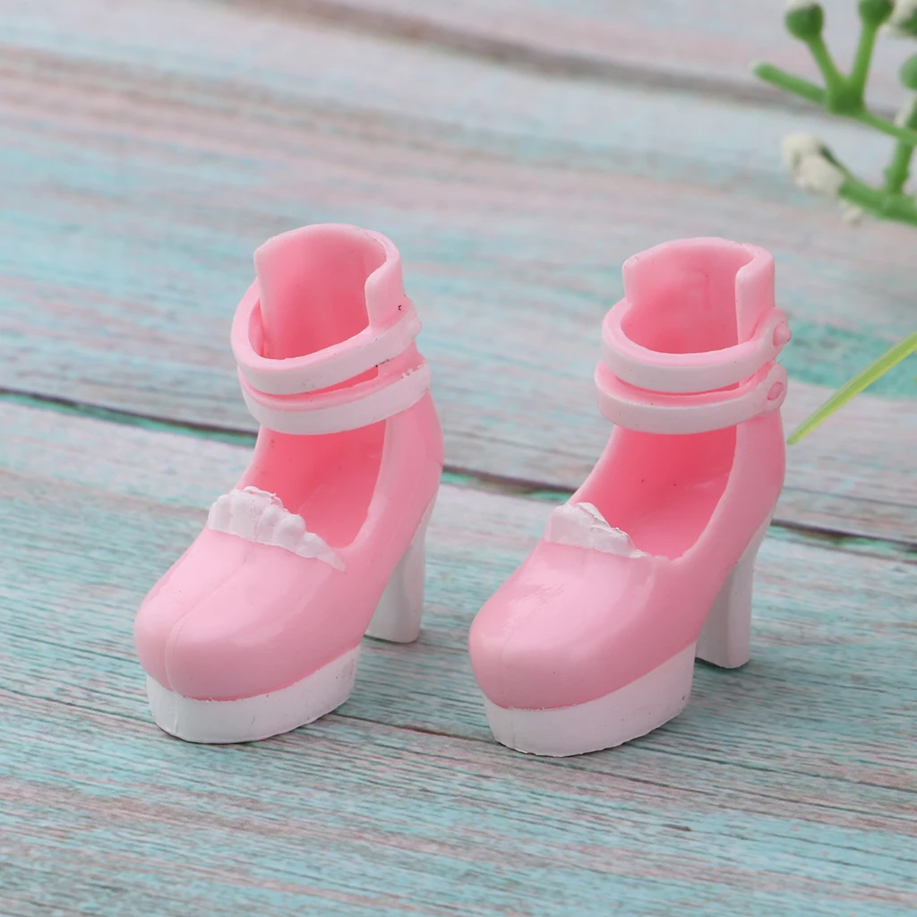 Lovely 12inch Doll High Heel Shoes Thick Heels Ankle Strape Belt Shoes for Blythe Fashion Girl Doll Party Accessory Pink