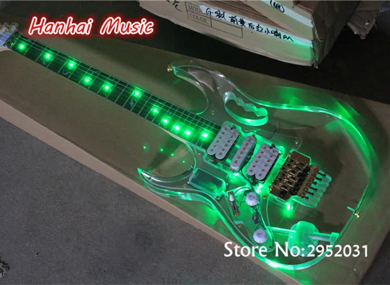 

Free Shipping-Electric Guitar,Acrylic Body,left-hand Version,Gold Floyd Rose,LED Lights on Fretboard and Body,can be Customized