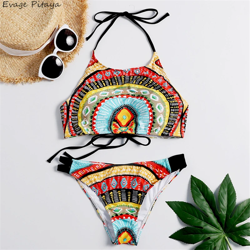 

2019 new swimsuit women biquinis feminino womens swim wear backless Back cross Bandage cut out high leg halter top bikini