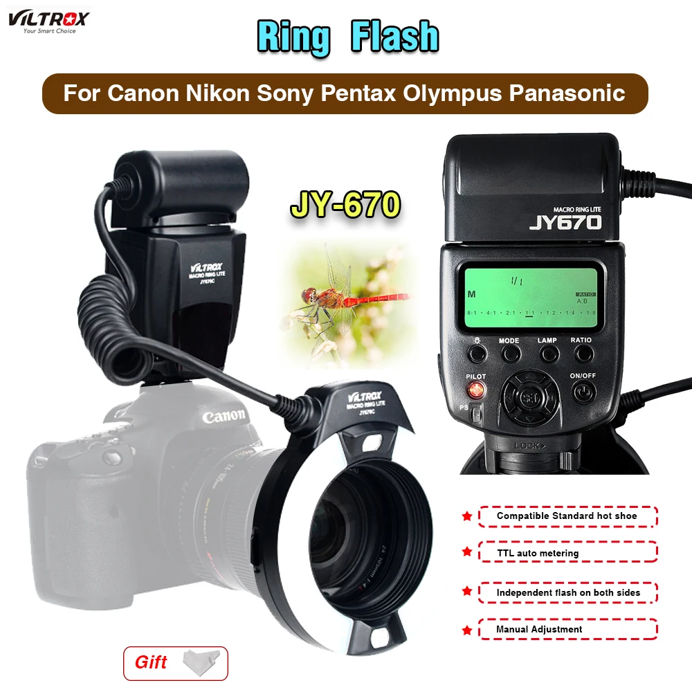Макро Кольцевая вспышка Speedlite Viltrox JY 670 для Canon Nikon Pentax Olympus Макросъемка Вспышка