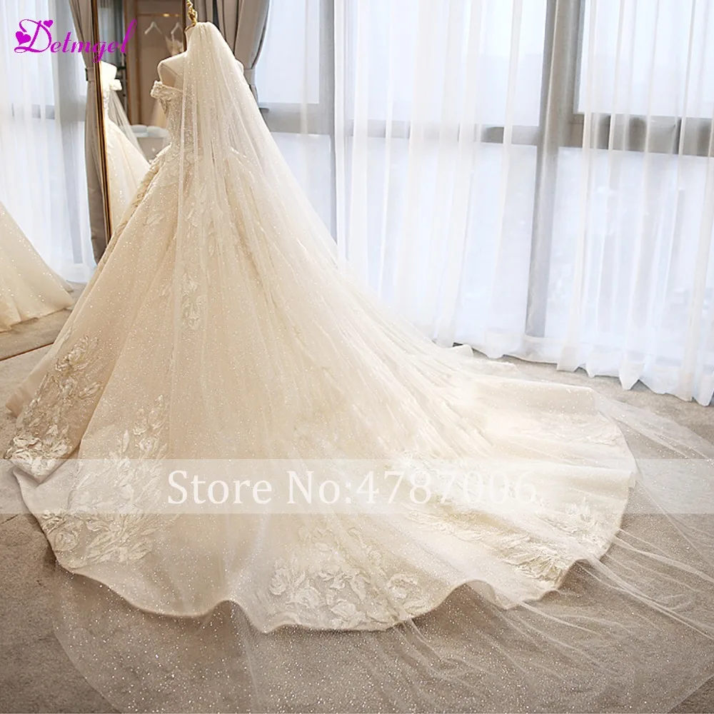 Detmgel Vestido de Noiva Appliques Chapel Train A-Line Свадебные платья Роскошные бисерные кружевной вырез лодочкой свадебное платье принцессы