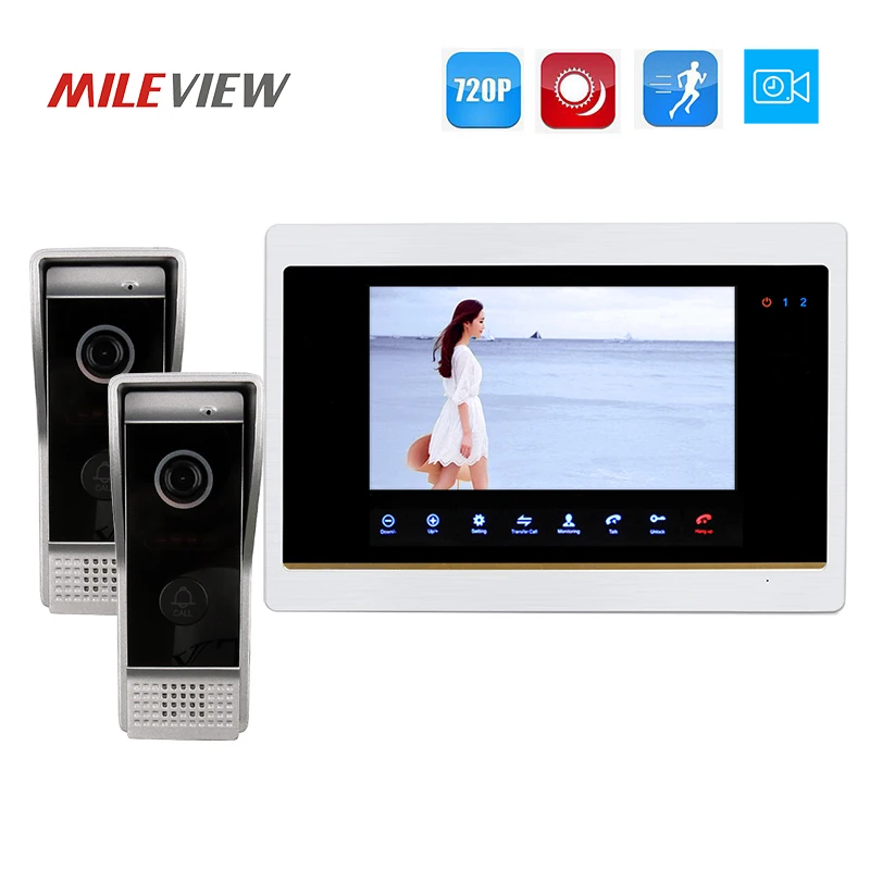 

Free Shipping 1.0MP 720P AHD Motion Detection 7 inch Video Intercom Door Phone Unlock System Record Monitor + 2 Doorbell Cameras