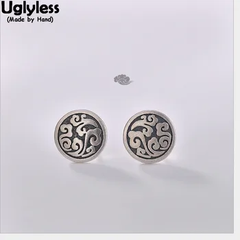 

Uglyless Handmade Carved Vines Pattern Round Stud Earrings for Women Ethnic Fine Jewelry 100% Solid 925 Silver Studs MINI Size
