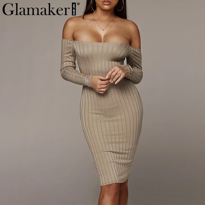 

Glamaker Striped strap backless bodycon slash neck sexy dress Women khaki party dress vestidos Fitness off shoulder summer dress