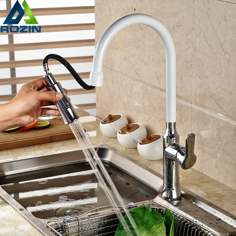 

Chrome Stream Sprayer Long Neck Kitchen Sink Faucet Single Handle Pull Out White Kitchen Mixer Taps with Hot and Cold Water