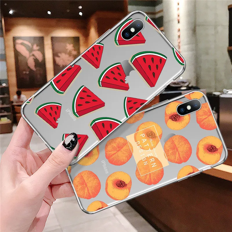 

Ottwn Transparent Peach Fruits Leaves Cover For iPhone X XS 6 6s 7 8 Plus Soft TPU Clear Phone Case For iPhone XR Xs Max 5 5s SE