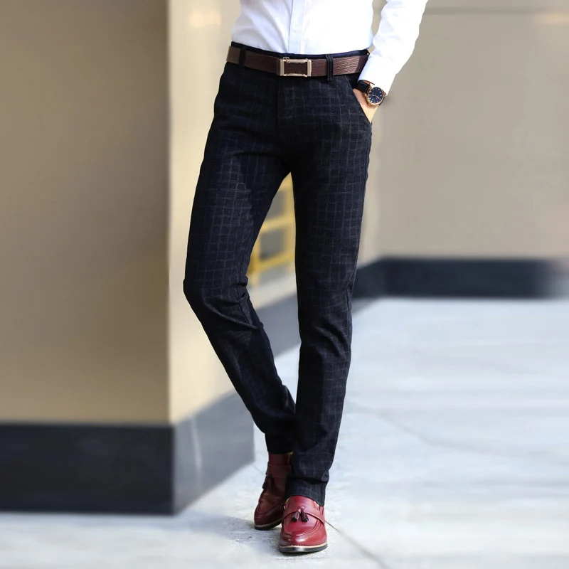 Размер 28-38 новые мужские модные повседневные брюки клетчатые тонкие Стрейчевые Узкие хлопковые длинные прямые деловые брюки, штаны высокого качества