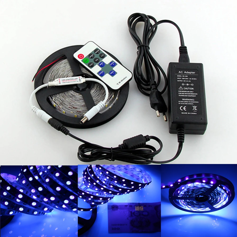 UV Ultra Violet Black Light Lamp LED Water Proof Strip+12v adaptor AC or DC plug