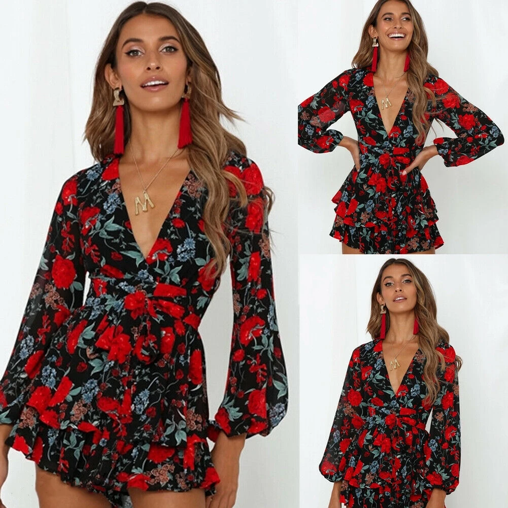 Women Vintage Mini Playsuit Jumpsuit Romper Floral Print V